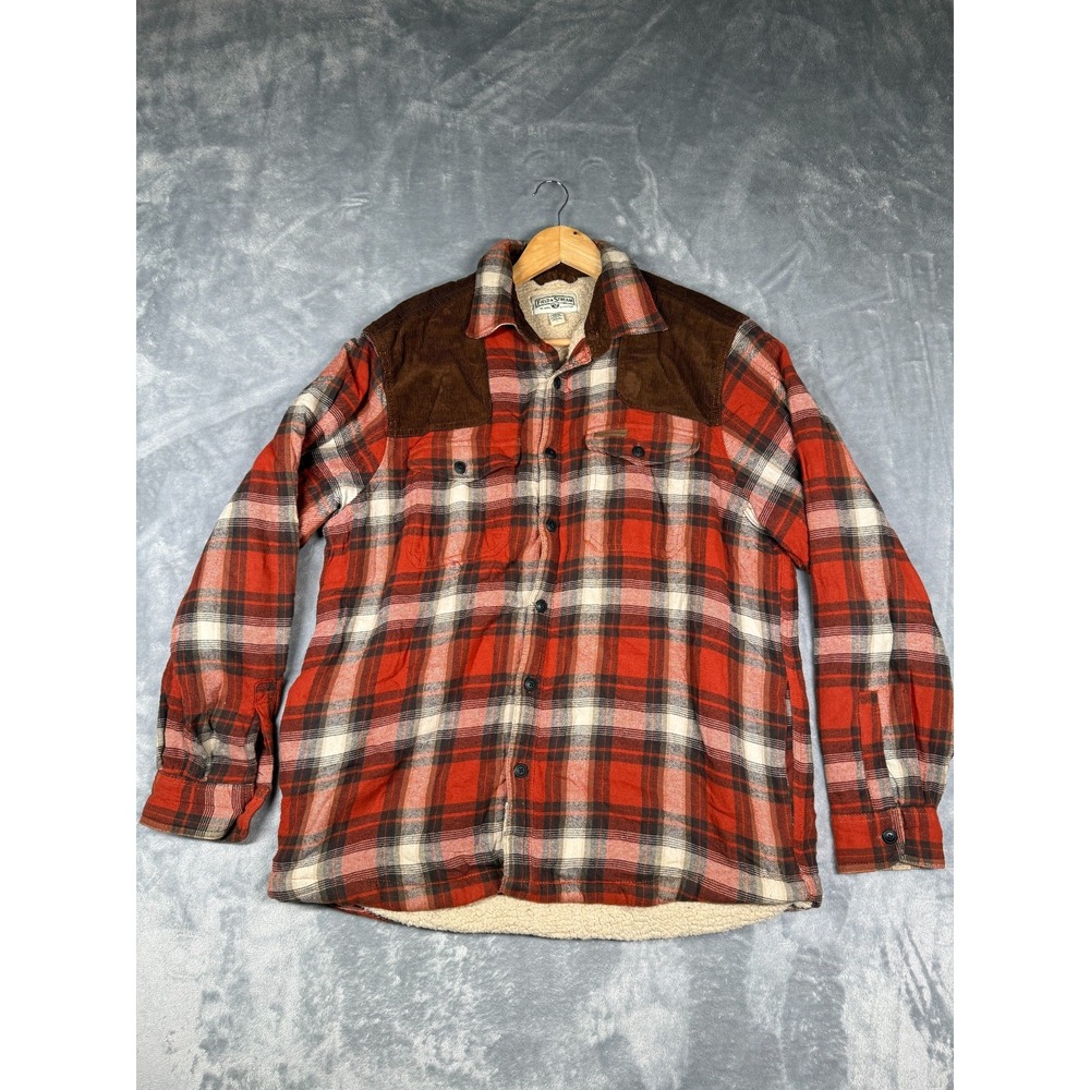 Field Stream Jacket Mens Large Orange Plaid Sherpa Lined Cotton Button Up